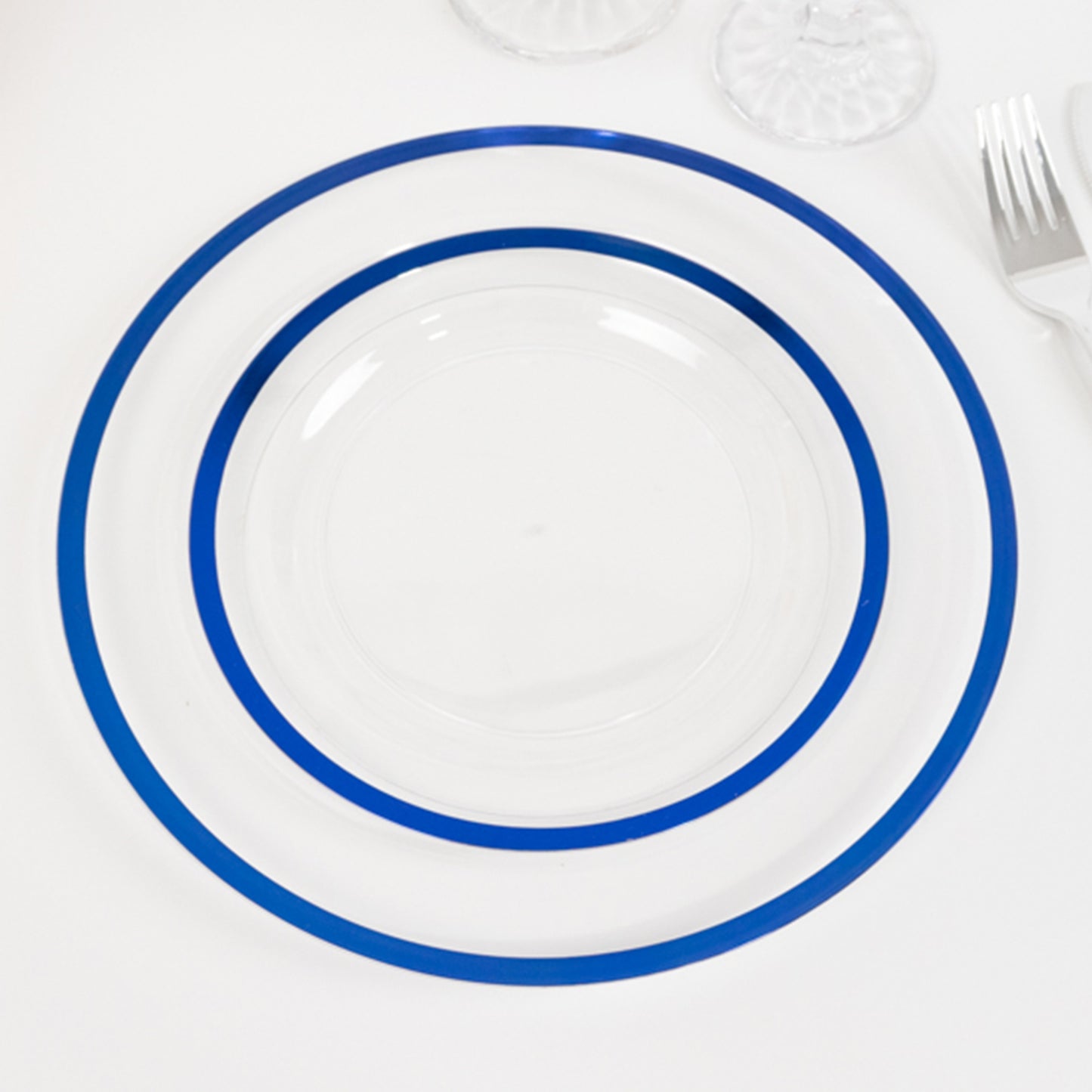 10 Pack Clear Regal Disposable Salad Plates With Blue Rim, 7" Round Plastic Appetizer Dessert Plates