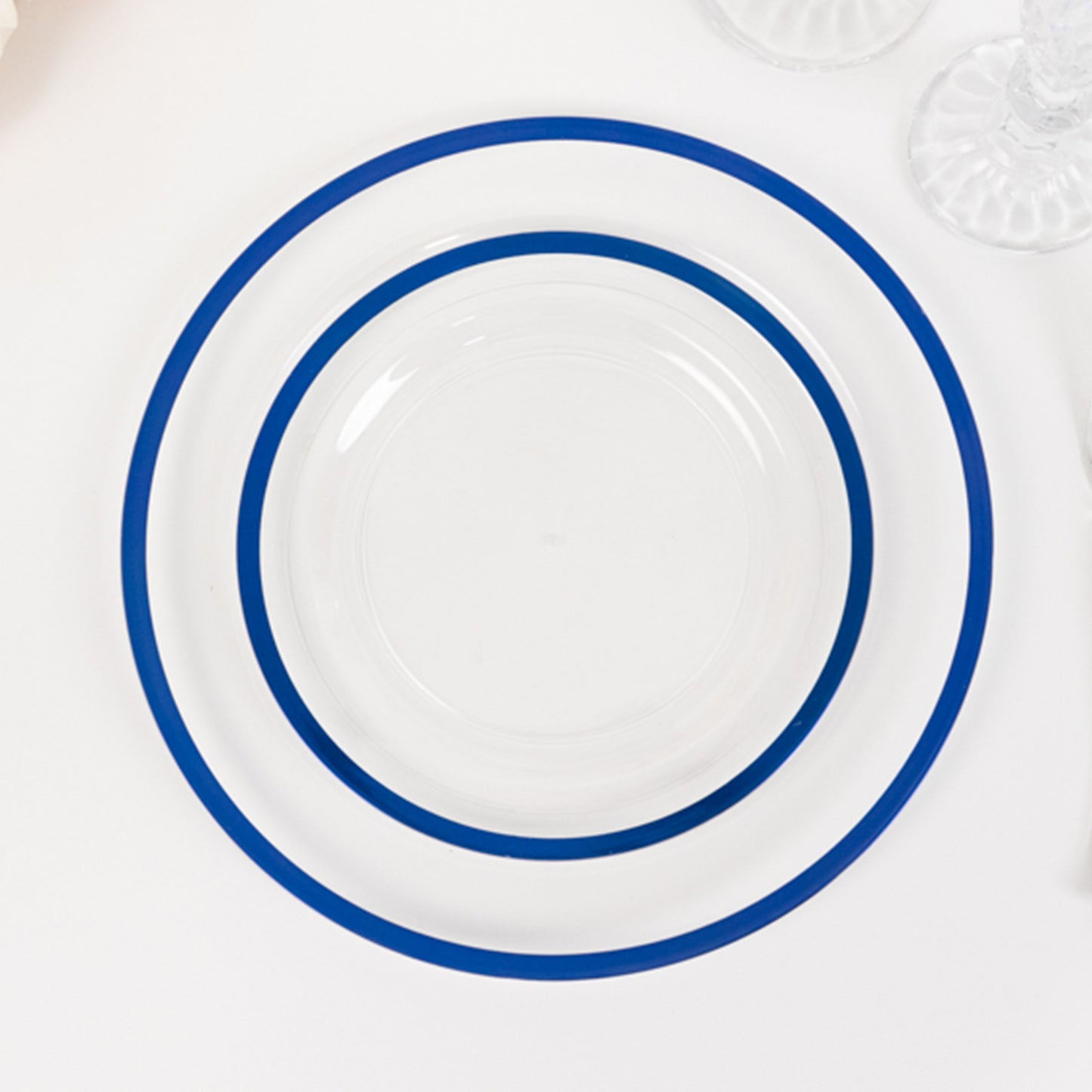 10 Pack Clear Regal Disposable Salad Plates With Blue Rim, 7" Round Plastic Appetizer Dessert Plates