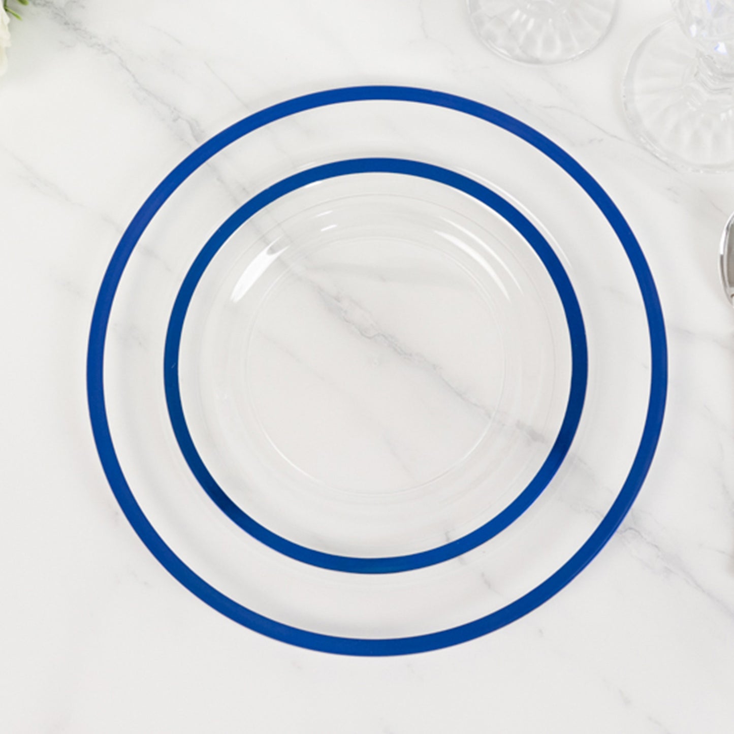 10 Pack Clear Regal Disposable Salad Plates With Blue Rim, 7" Round Plastic Appetizer Dessert Plates