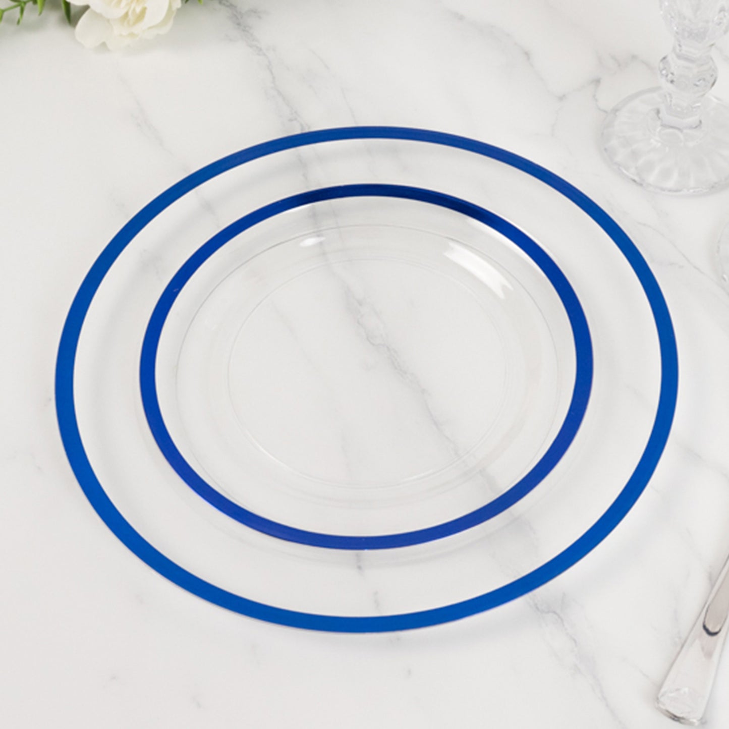 10 Pack Clear Regal Disposable Salad Plates With Blue Rim, 7" Round Plastic Appetizer Dessert Plates