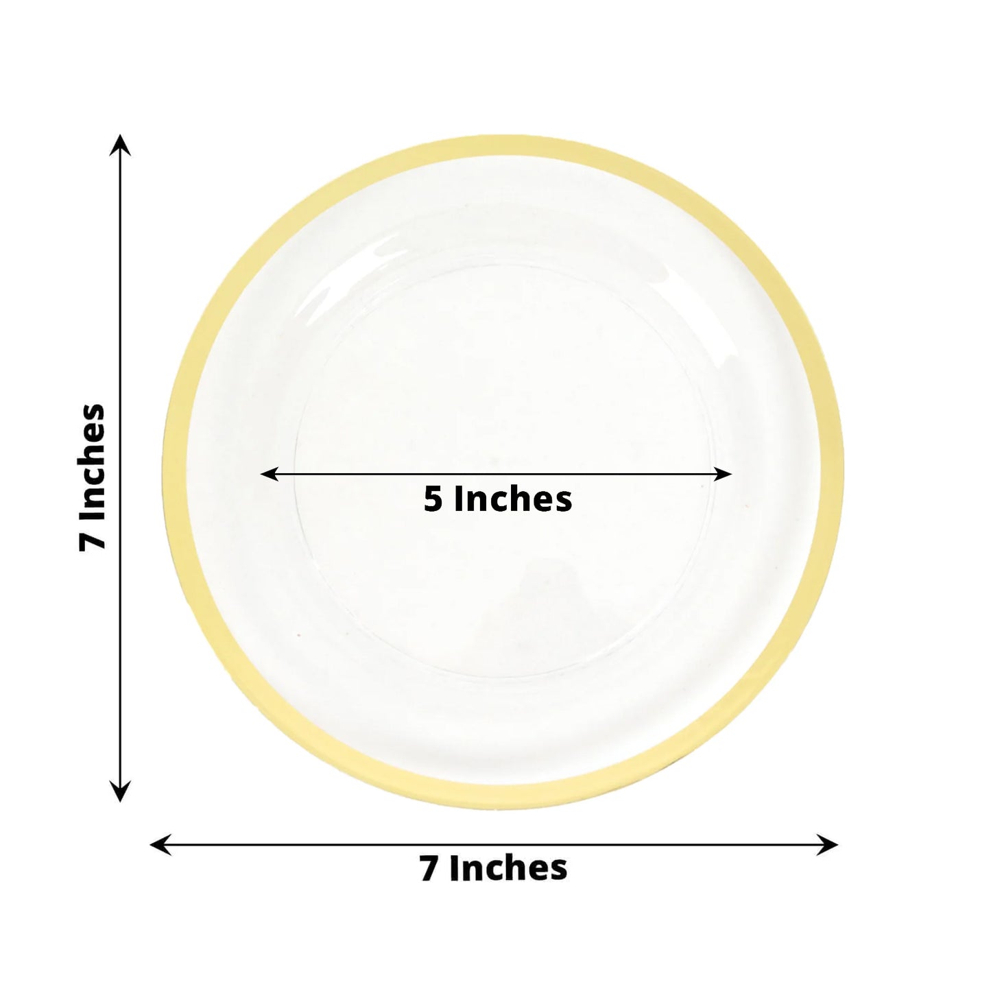 10 Pack Clear Regal Disposable Salad Plates With Gold Rim, 7" Round Plastic Appetizer Dessert Plates