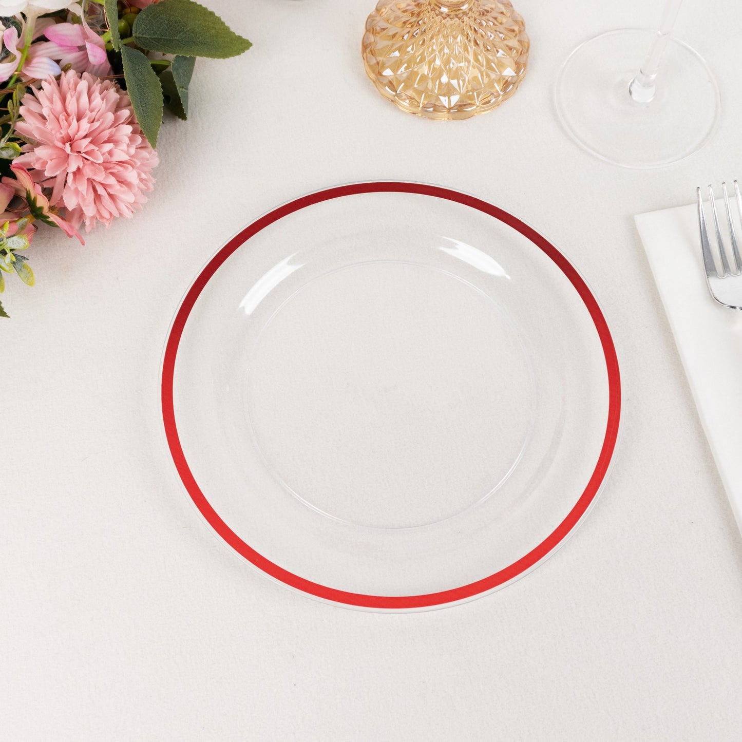 10 Pack Clear Regal Disposable Salad Plates With Red Rim, 7" Round Plastic Appetizer Dessert Plates