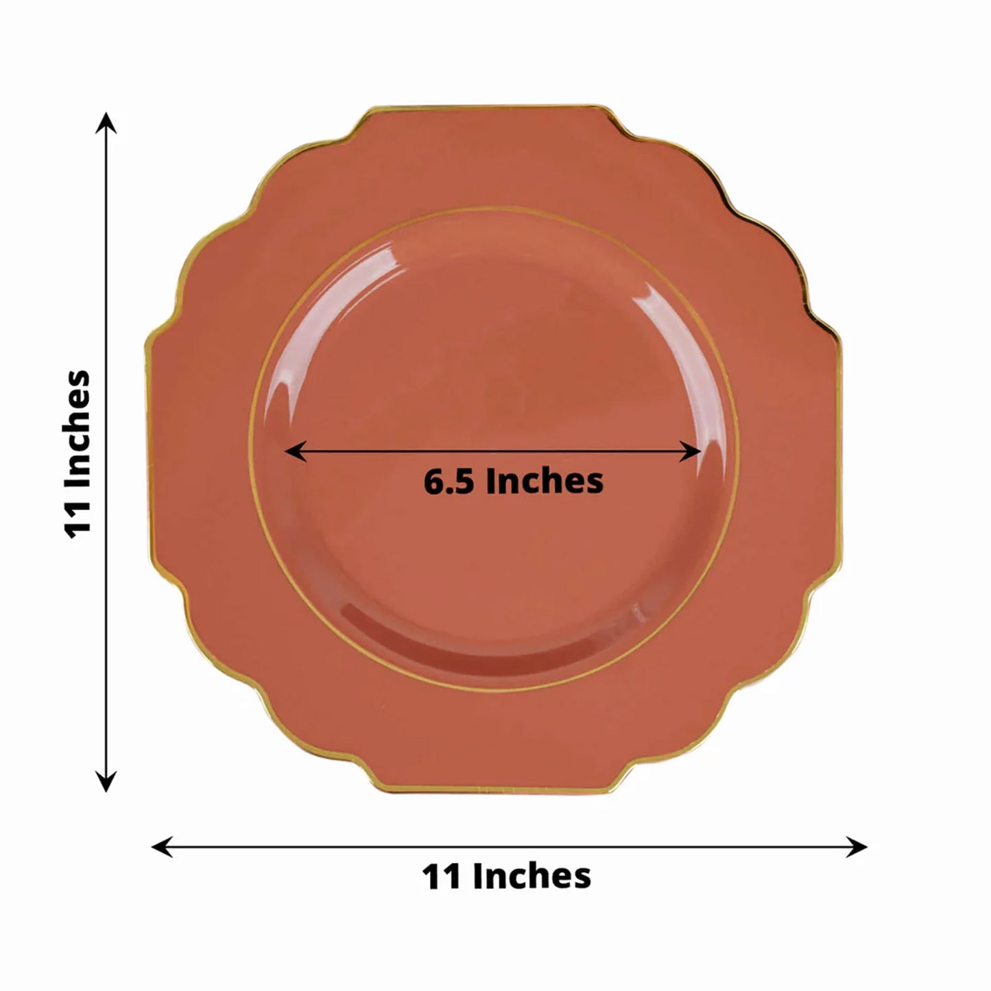 11" rust terracotta disposable dinner plate with gold rim