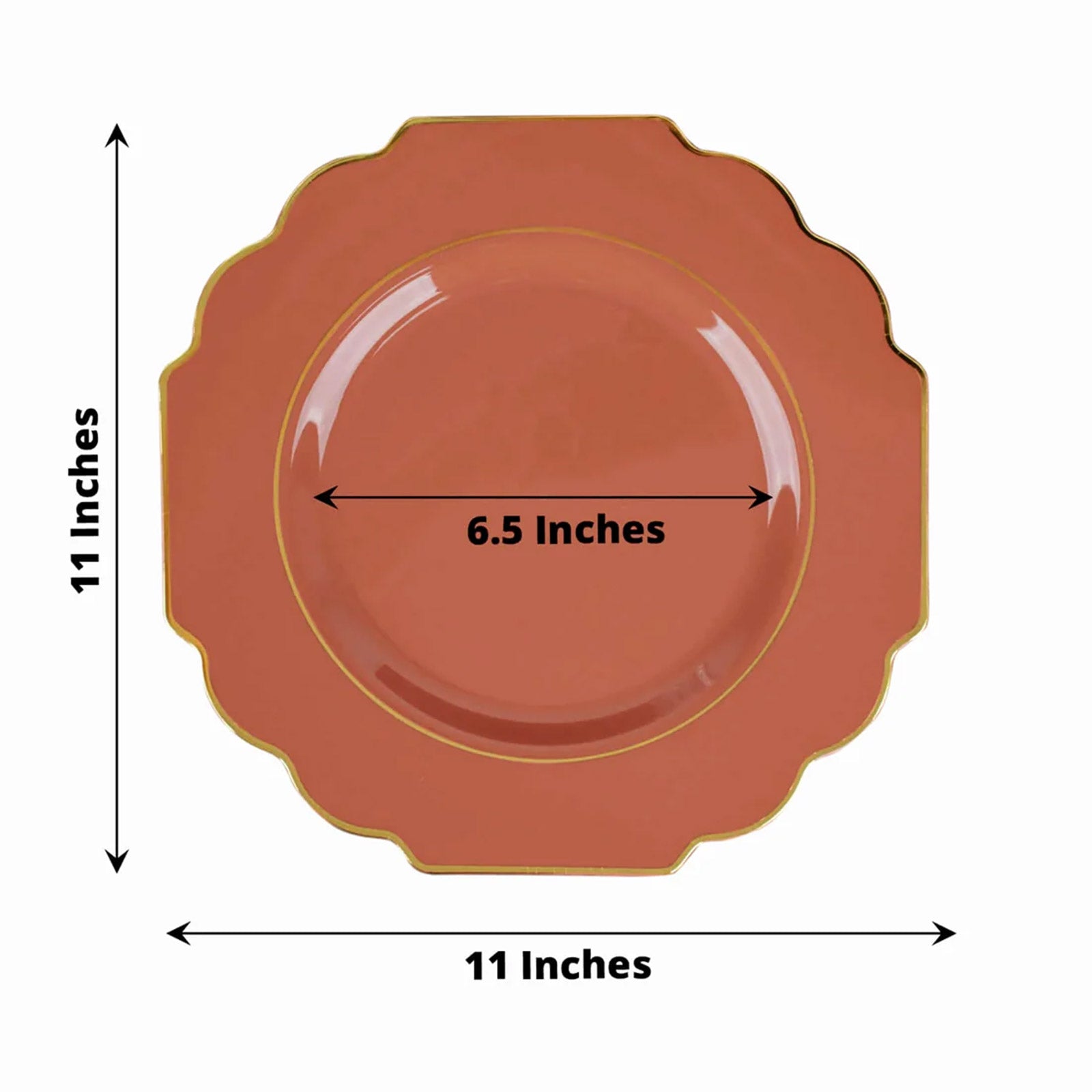 11" rust terracotta disposable dinner plate with gold rim
