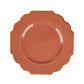 Terracotta heavy duty disposable dinner plate with gold rim.