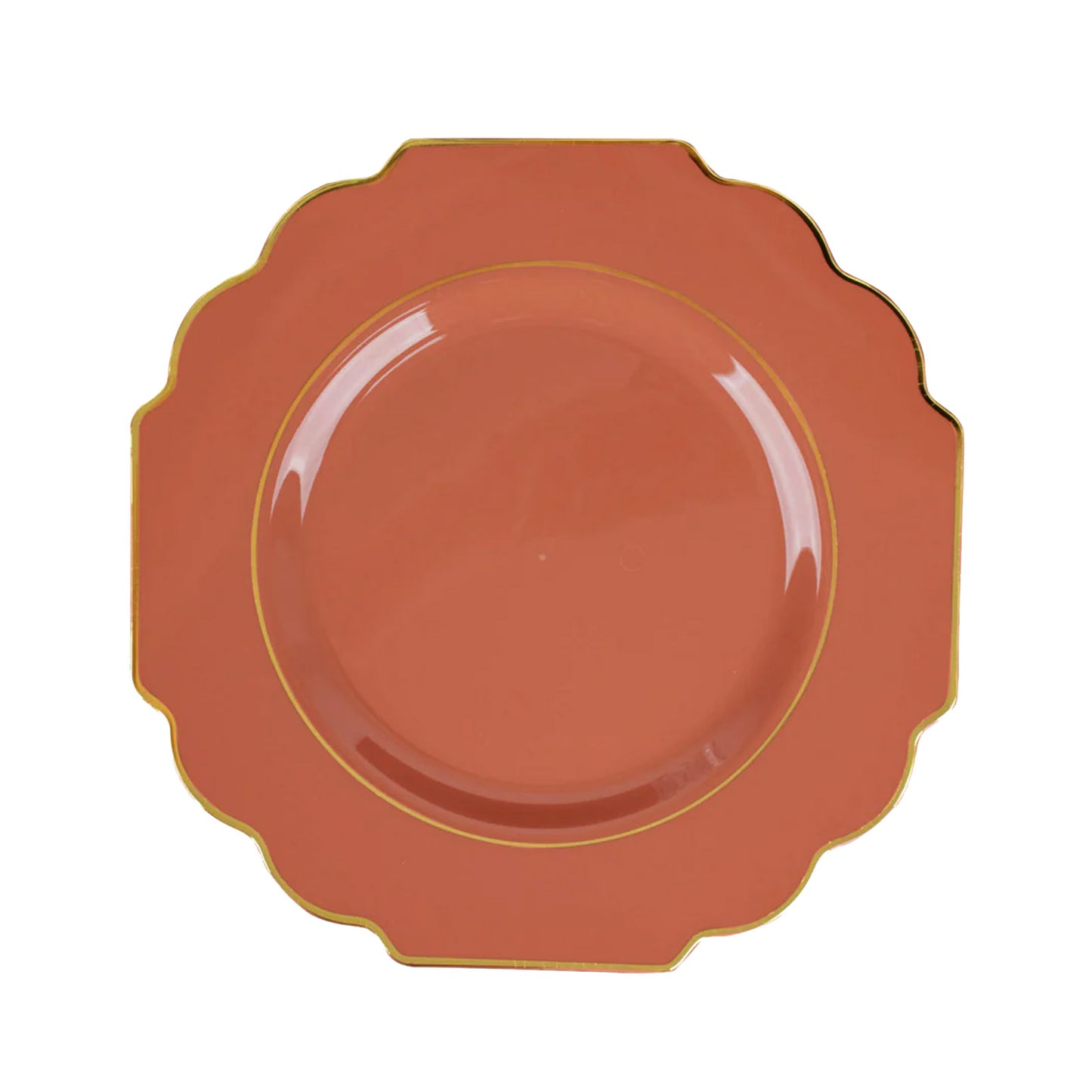 Terracotta heavy duty disposable dinner plate with gold rim.