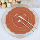 11" terracotta heavy duty disposable dinner plates with gold rim.