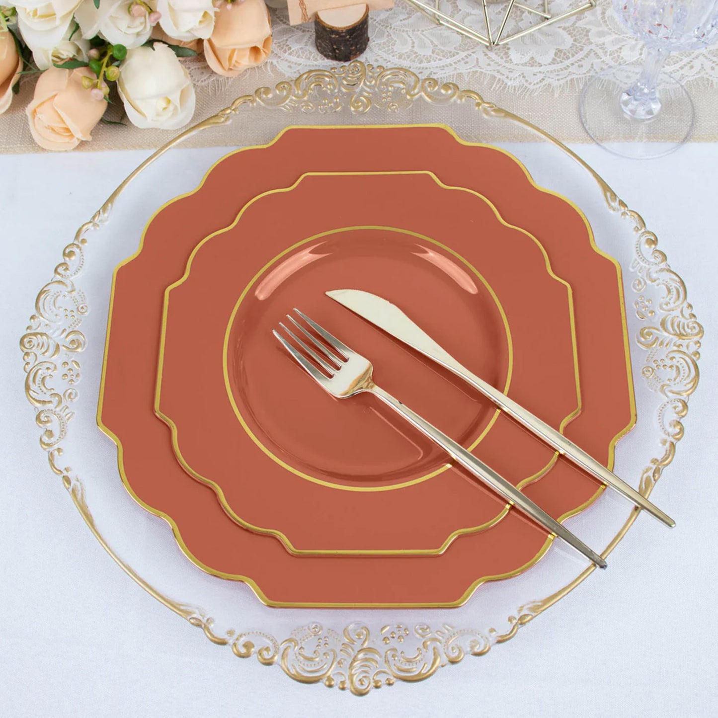 11" terracotta heavy duty disposable dinner plates with gold rim.