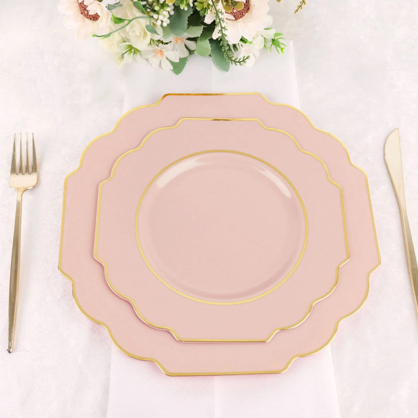 10 Pack 8" Blush Hard Plastic Dessert Appetizer Plates, Disposable Tableware, Baroque Heavy Duty Salad Plates with Gold Rim