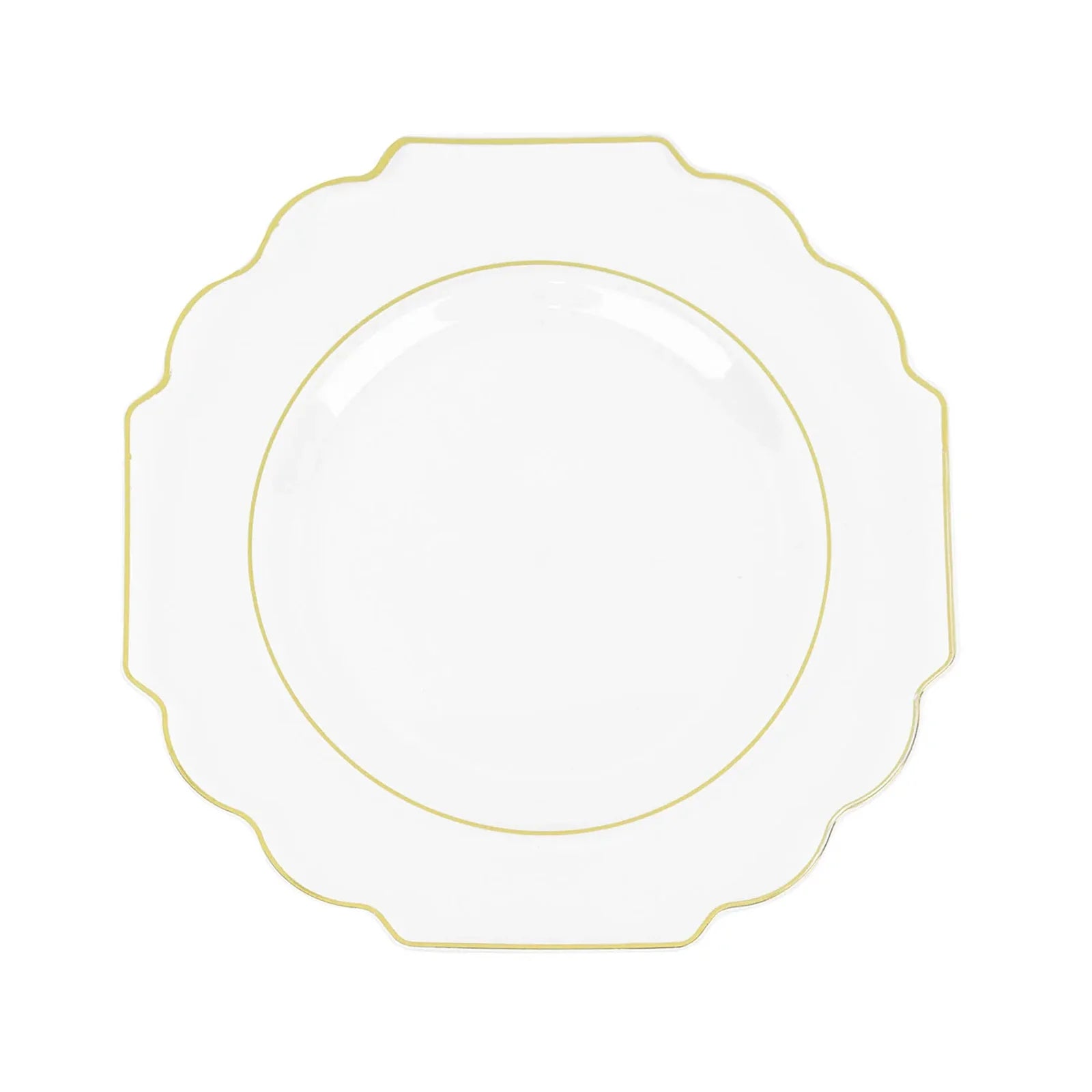 8 Inch Gold Rimmed Clear Hard Plastic Baroque Style Disposable Plates Pack of 10