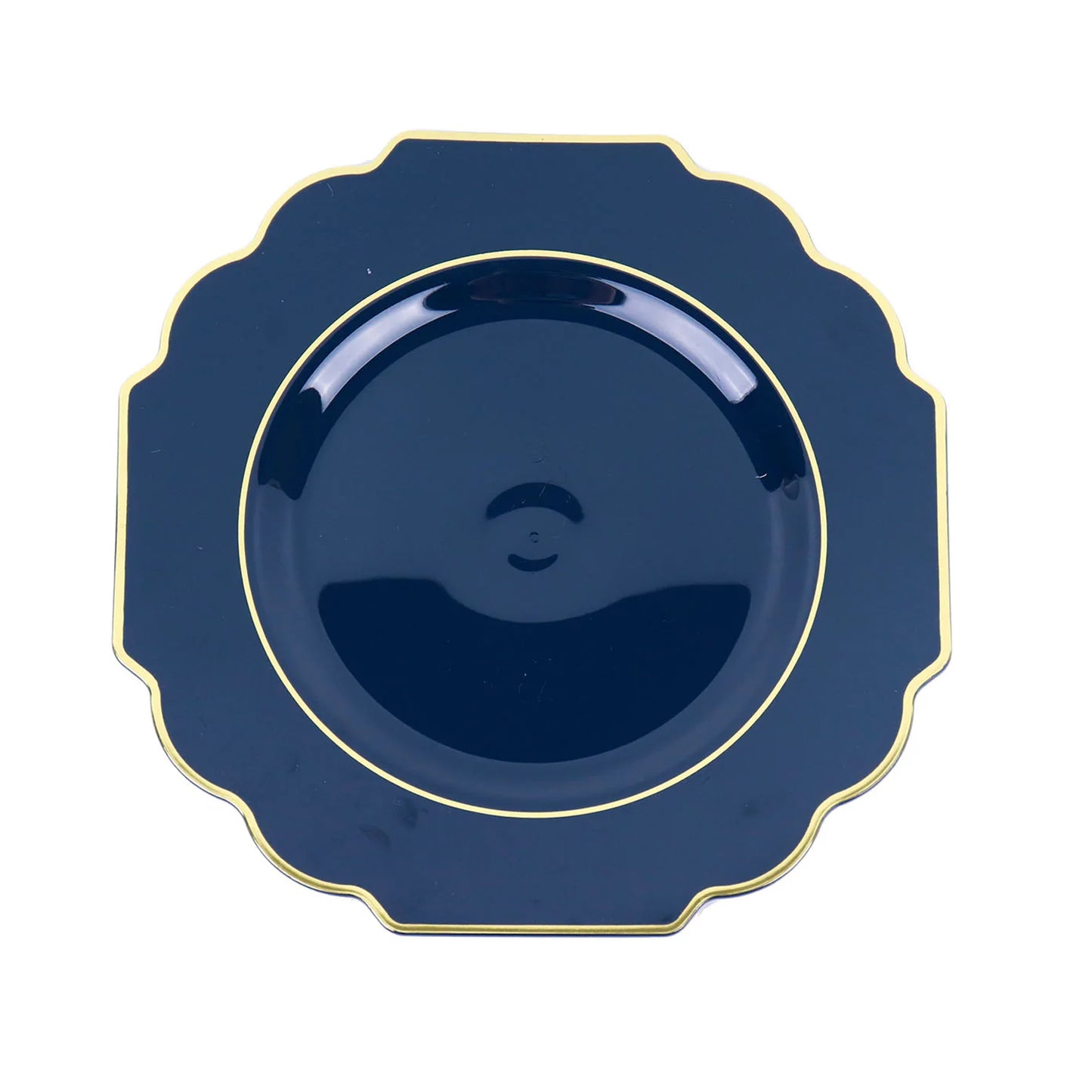 Hard Plastic Navy Blue Disposable 8 Inch Plates with Baroque Design and Gold Rim 10 Pack