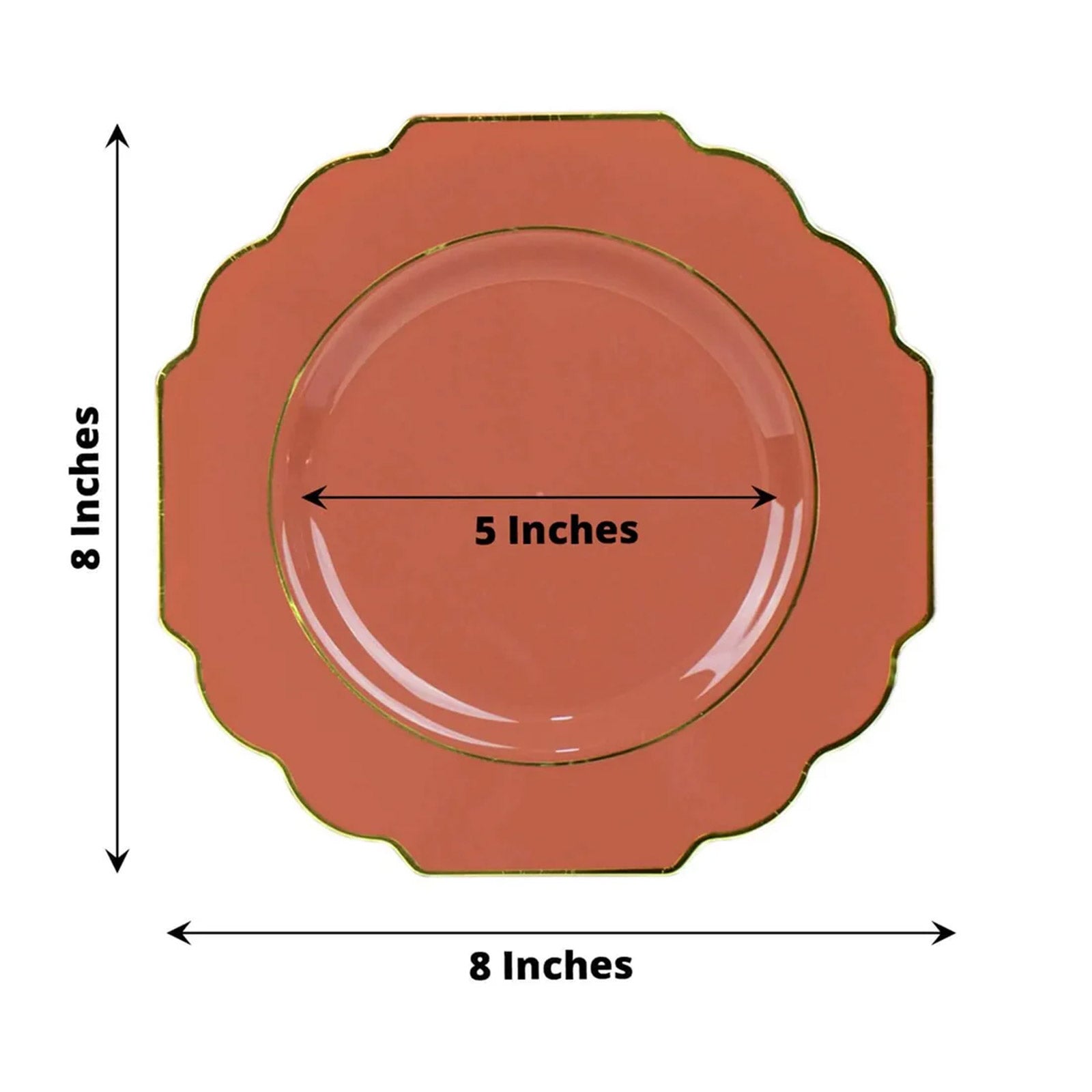 Rust terracotta dessert plates with gold rim, 10 pack, 8 inches in size.