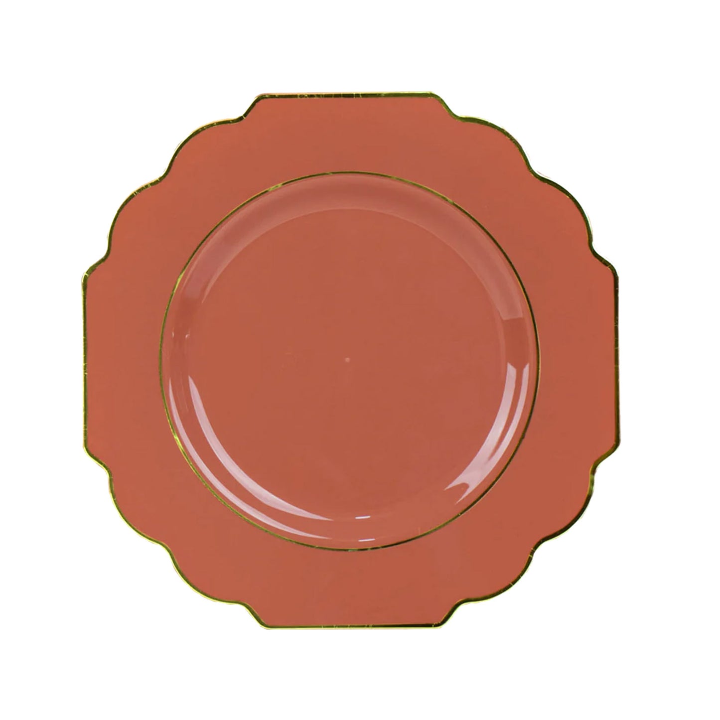 Rust terracotta dessert plates with gold rim, 10 pack. #whtbkgd
