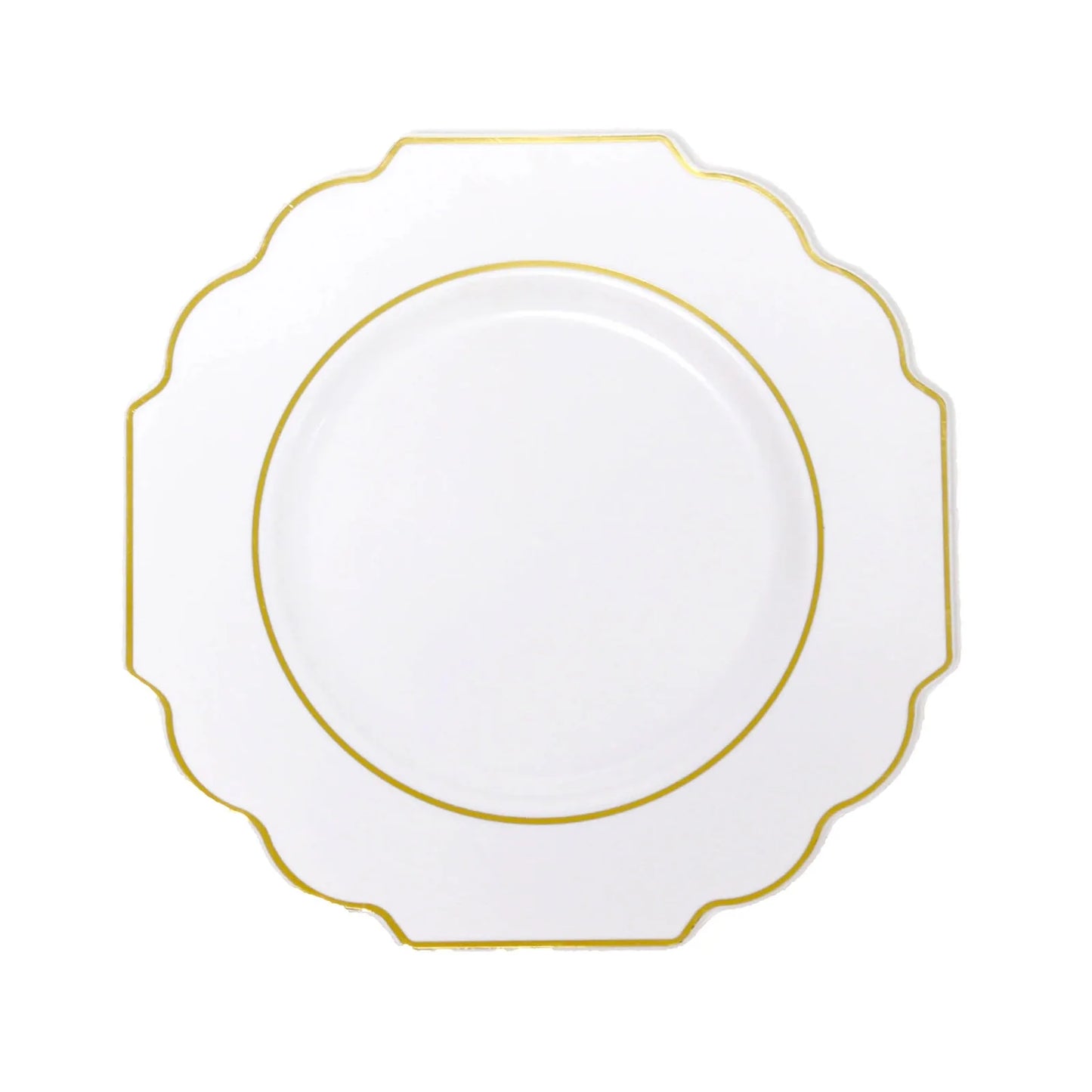 10 Pack | White 8" Heavy Duty Plastic Dessert Salad Plates, Disposable Tableware, Baroque with Gold Rim