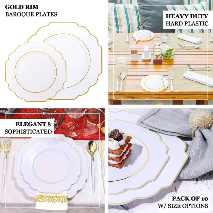 10 Pack | 11" White Hard Plastic Dinner Plates, Disposable Tableware, Baroque Heavy Duty Plates with Gold Rim