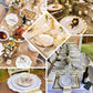 Burgundy hard plastic dinner plates with gold rim, elegant disposable dinnerware.