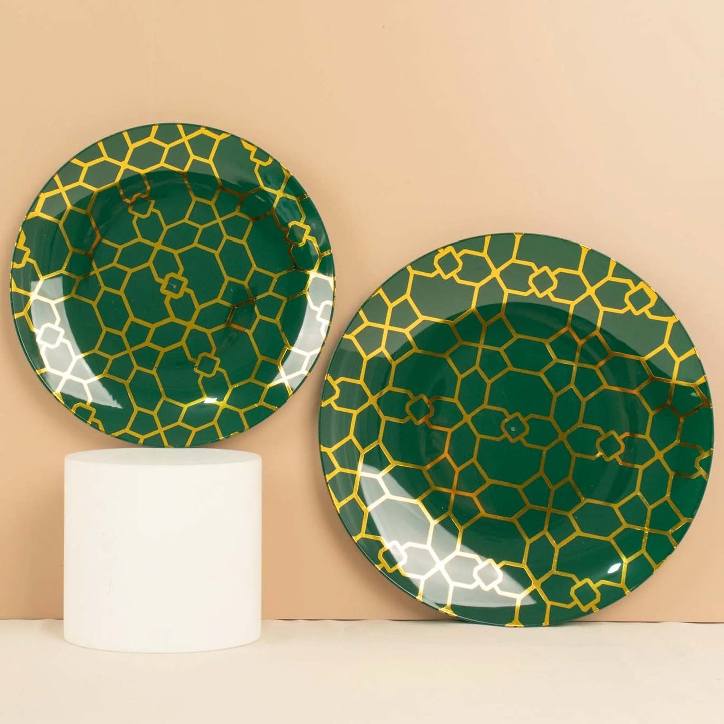 Emerald green geometric gold print plastic plates set.