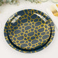 Navy blue geometric gold print disposable plates set for parties.