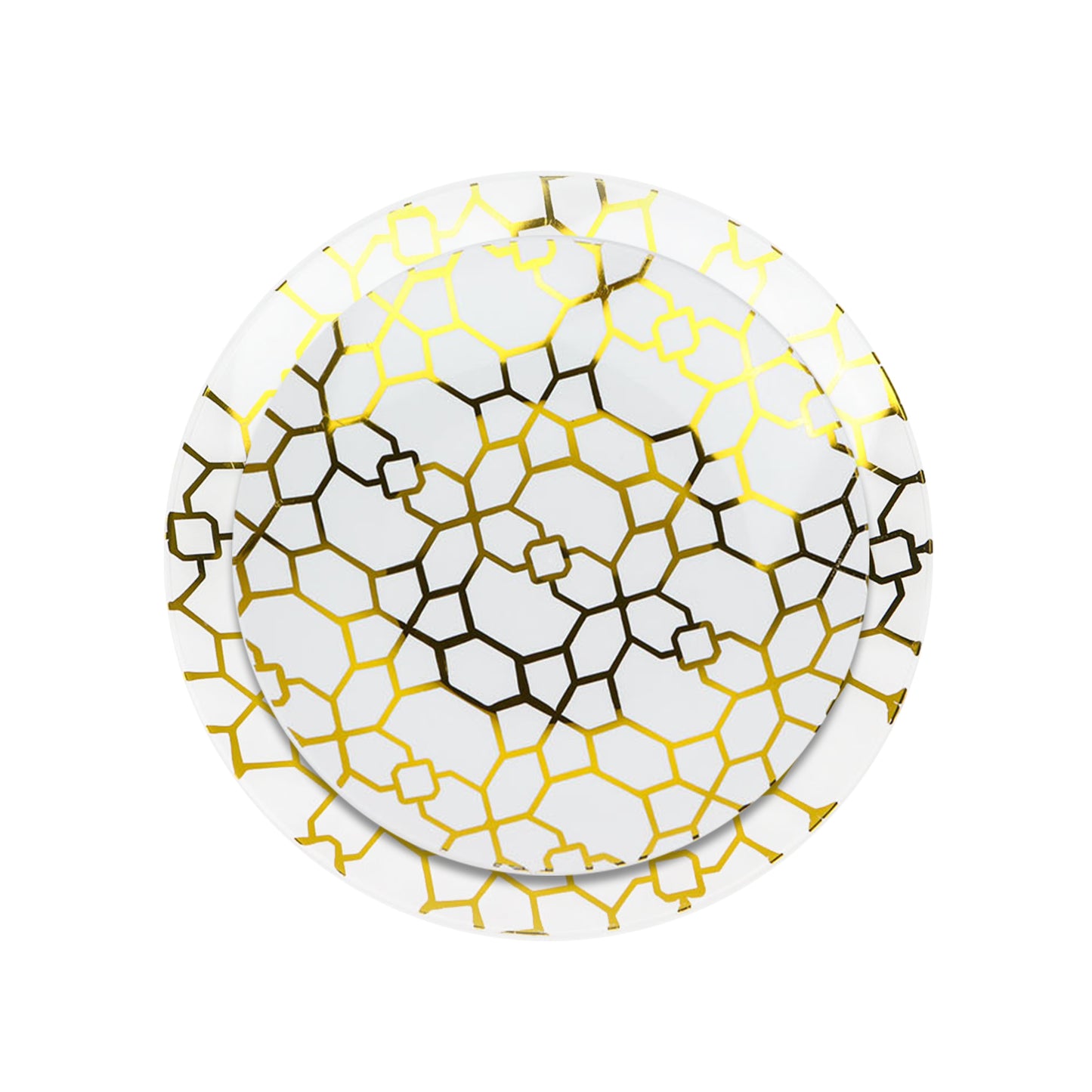 20 Pack Set | 9", 7" White & Clear Geometric Gold Print Plastic Plates, Disposable Round Dinner and Salad Party Plate Set