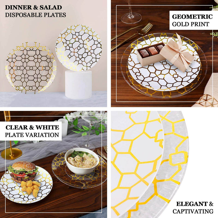 20 Pack Set | 9", 7" White & Clear Geometric Gold Print Plastic Plates, Disposable Round Dinner and Salad Party Plate Set