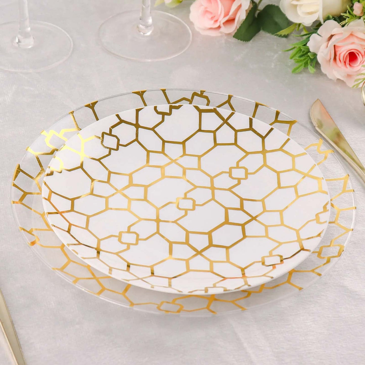 20 Pack Set | 9", 7" White & Clear Geometric Gold Print Plastic Plates, Disposable Round Dinner and Salad Party Plate Set