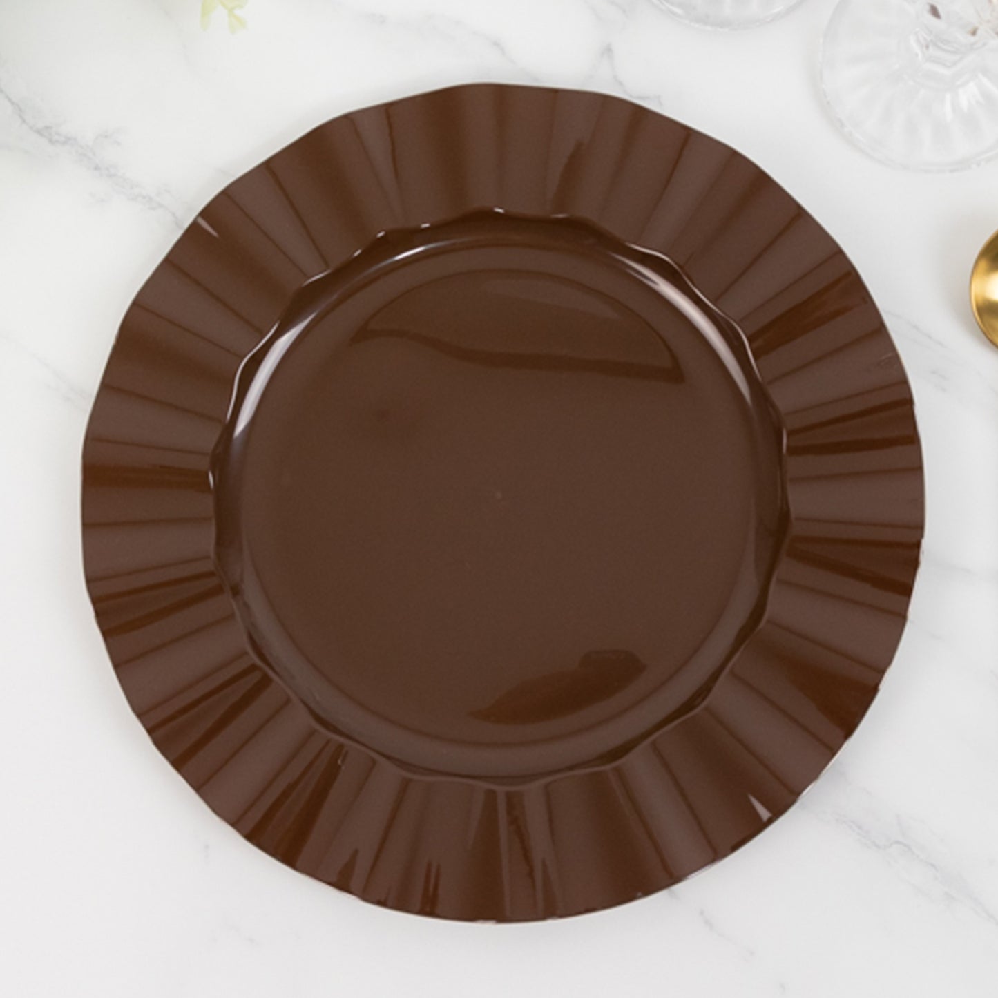 10 Pack 11" Cinnamon Brown Heavy Duty Large Disposable Dinner Plates with Gold Ruffled Rim, Hard Plastic Disposable Round Dinnerware