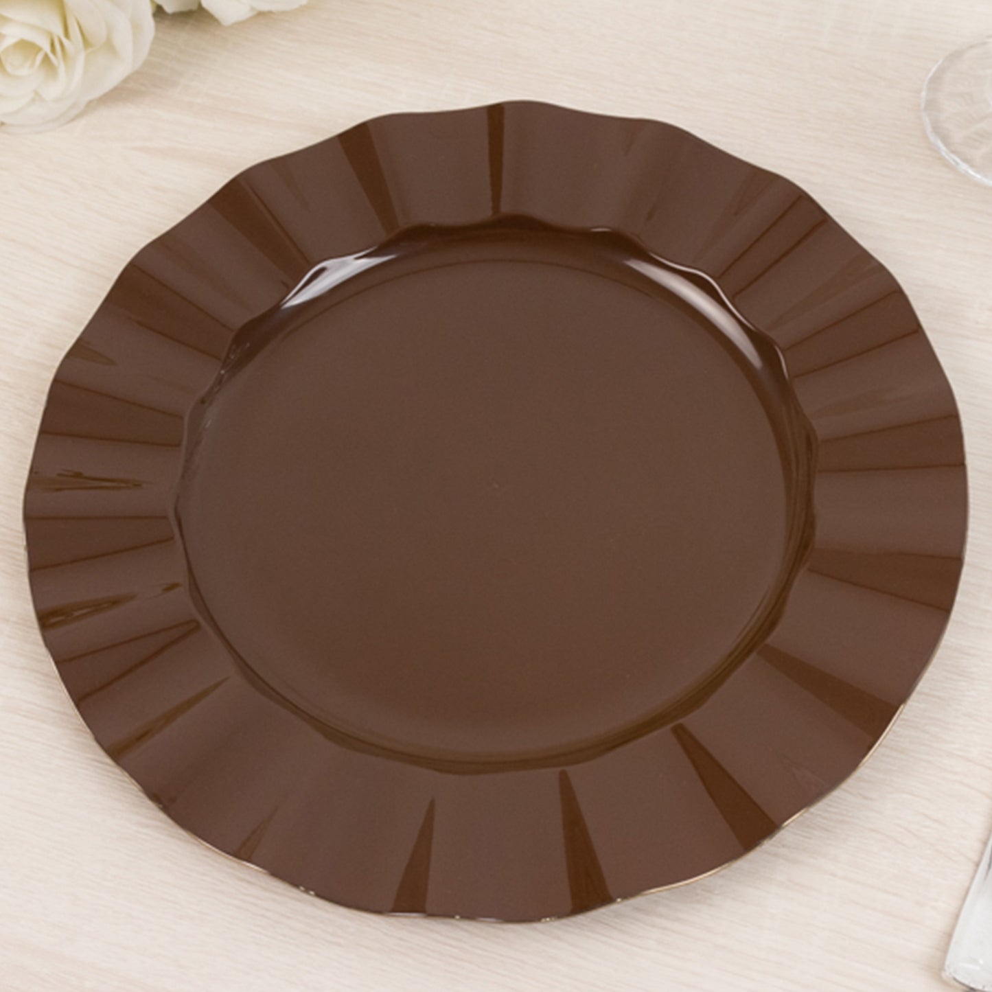 10 Pack 11" Cinnamon Brown Heavy Duty Large Disposable Dinner Plates with Gold Ruffled Rim, Hard Plastic Disposable Round Dinnerware