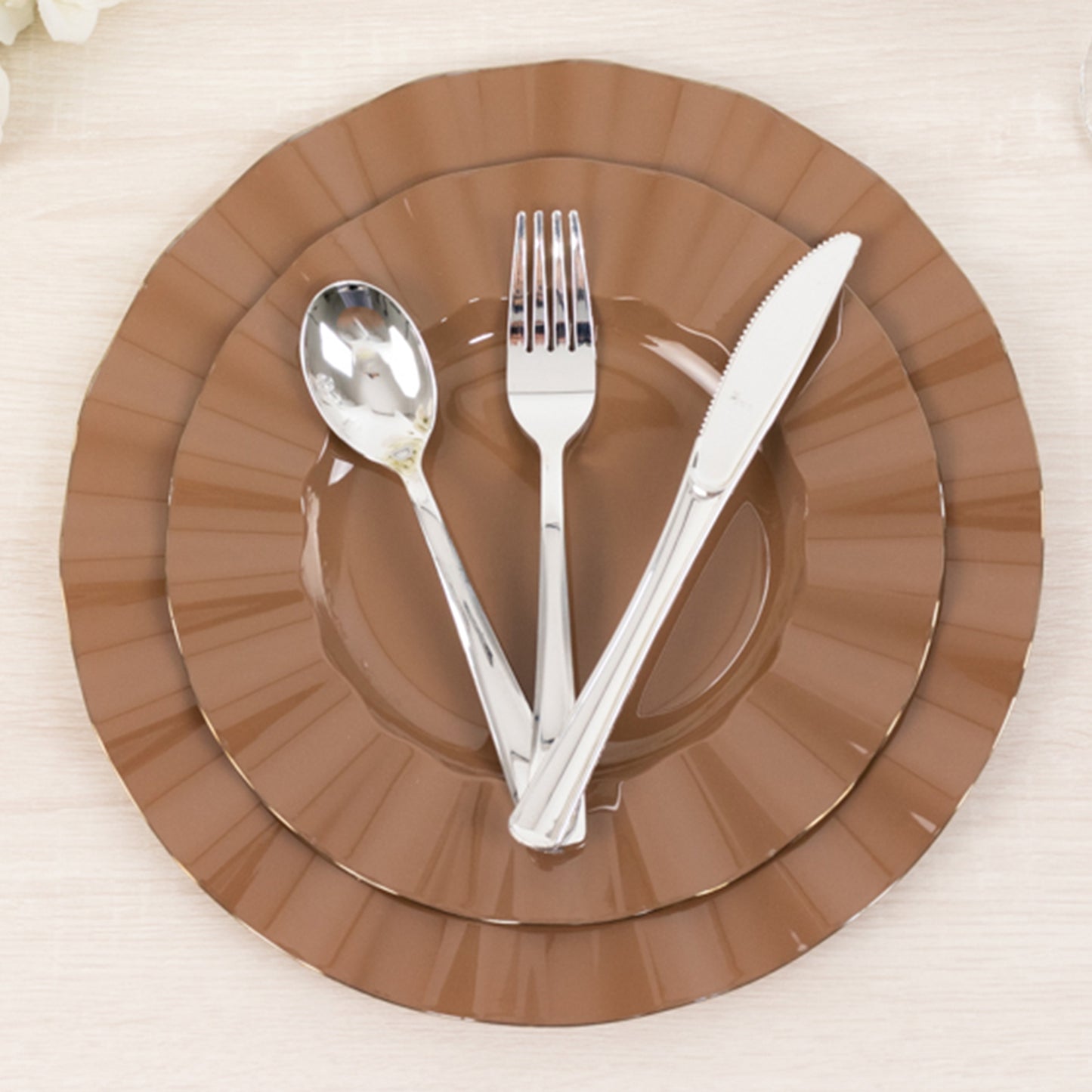 10 Pack 11" Heavy Duty Large Disposable Dinner Plates with Gold Ruffled Rim, Coffee Brown Hard Plastic Disposable Round Dinnerware