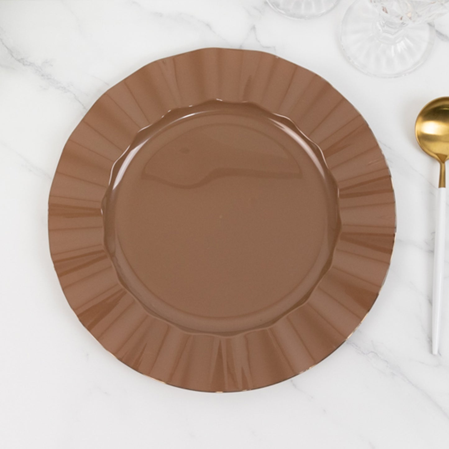 10 Pack 11" Heavy Duty Large Disposable Dinner Plates with Gold Ruffled Rim, Coffee Brown Hard Plastic Disposable Round Dinnerware