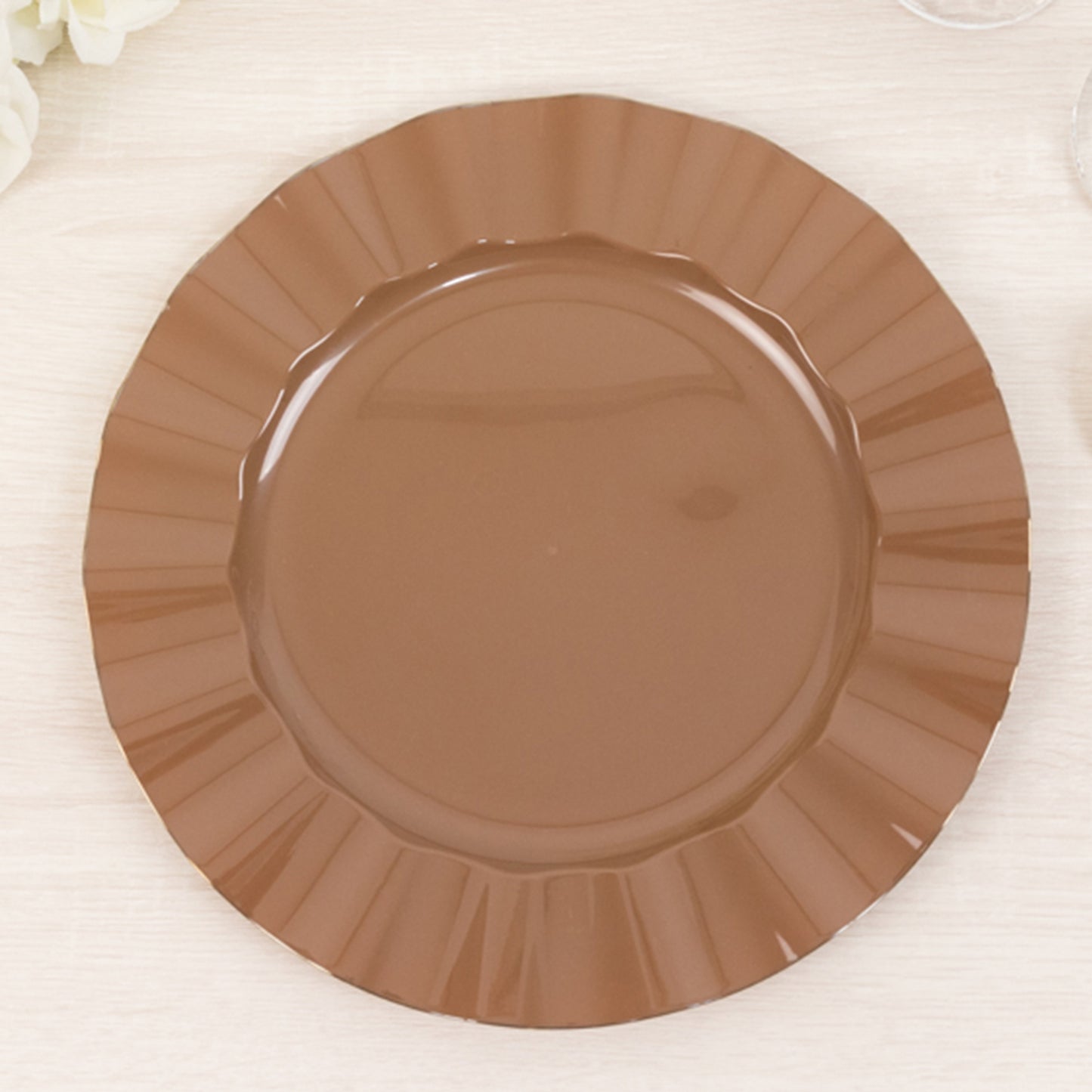 10 Pack 11" Heavy Duty Large Disposable Dinner Plates with Gold Ruffled Rim, Coffee Brown Hard Plastic Disposable Round Dinnerware