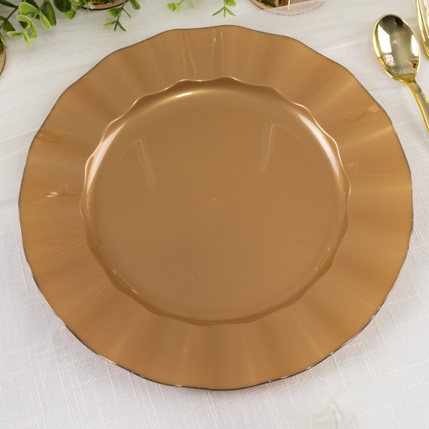 10 Pack 11" Gold Disposable Dinner Plates With Ruffled Rim, Round Plastic Party Plates