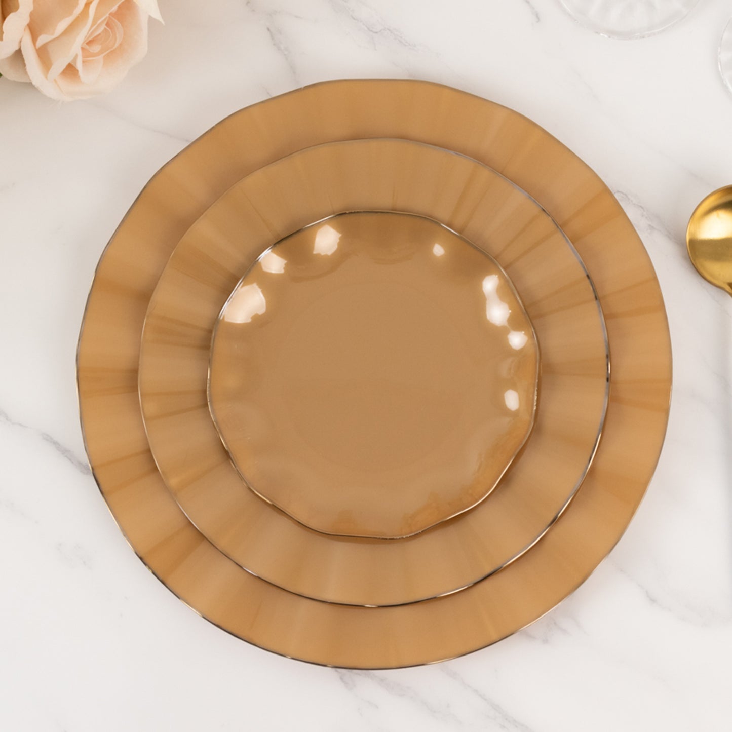 10 Pack 11" Gold Disposable Dinner Plates With Ruffled Rim, Round Plastic Party Plates