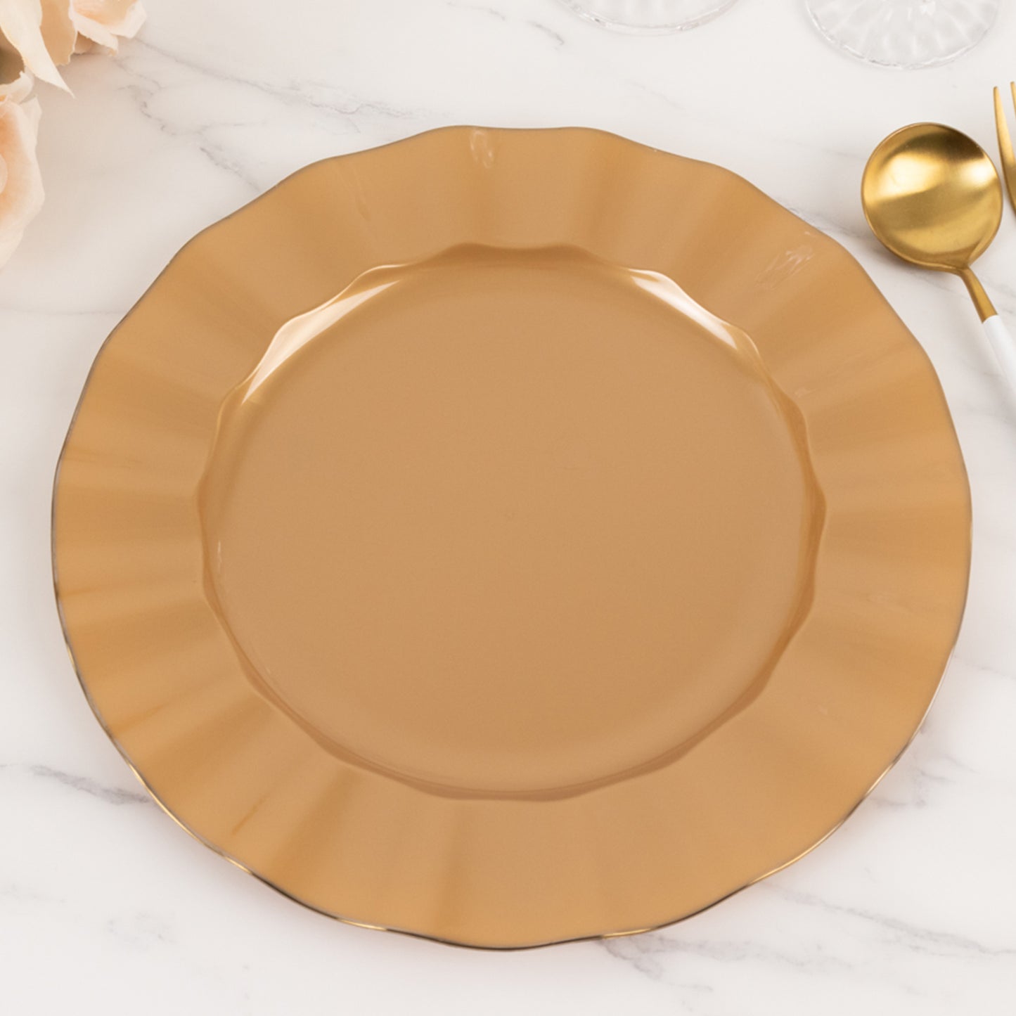 10 Pack 11" Gold Disposable Dinner Plates With Ruffled Rim, Round Plastic Party Plates
