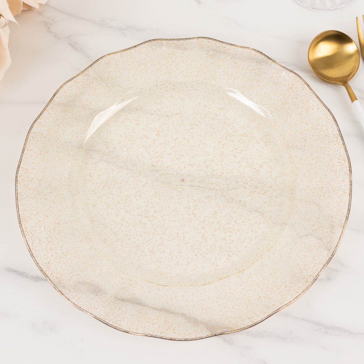 10 Pack Gold Glitter Large Plastic Dinner Plates with Ruffled Rim, Transparent Heavy Duty Round Disposable Party Plates - 11"