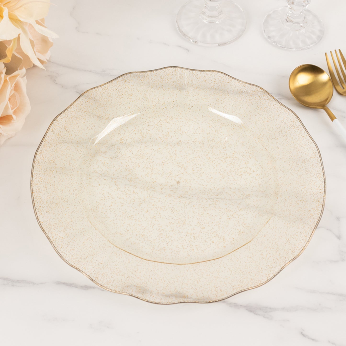 10 Pack Gold Glitter Large Plastic Dinner Plates with Ruffled Rim, Transparent Heavy Duty Round Disposable Party Plates - 11"