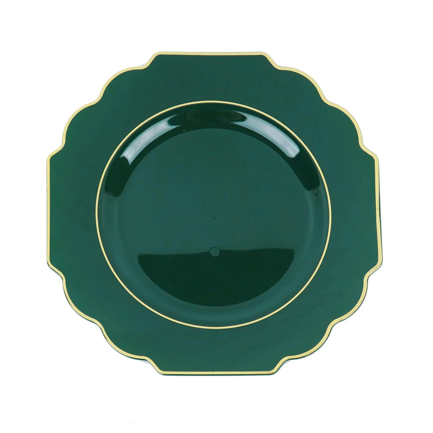 Emerald green dessert plate with gold rim, heavy-duty disposable tableware.