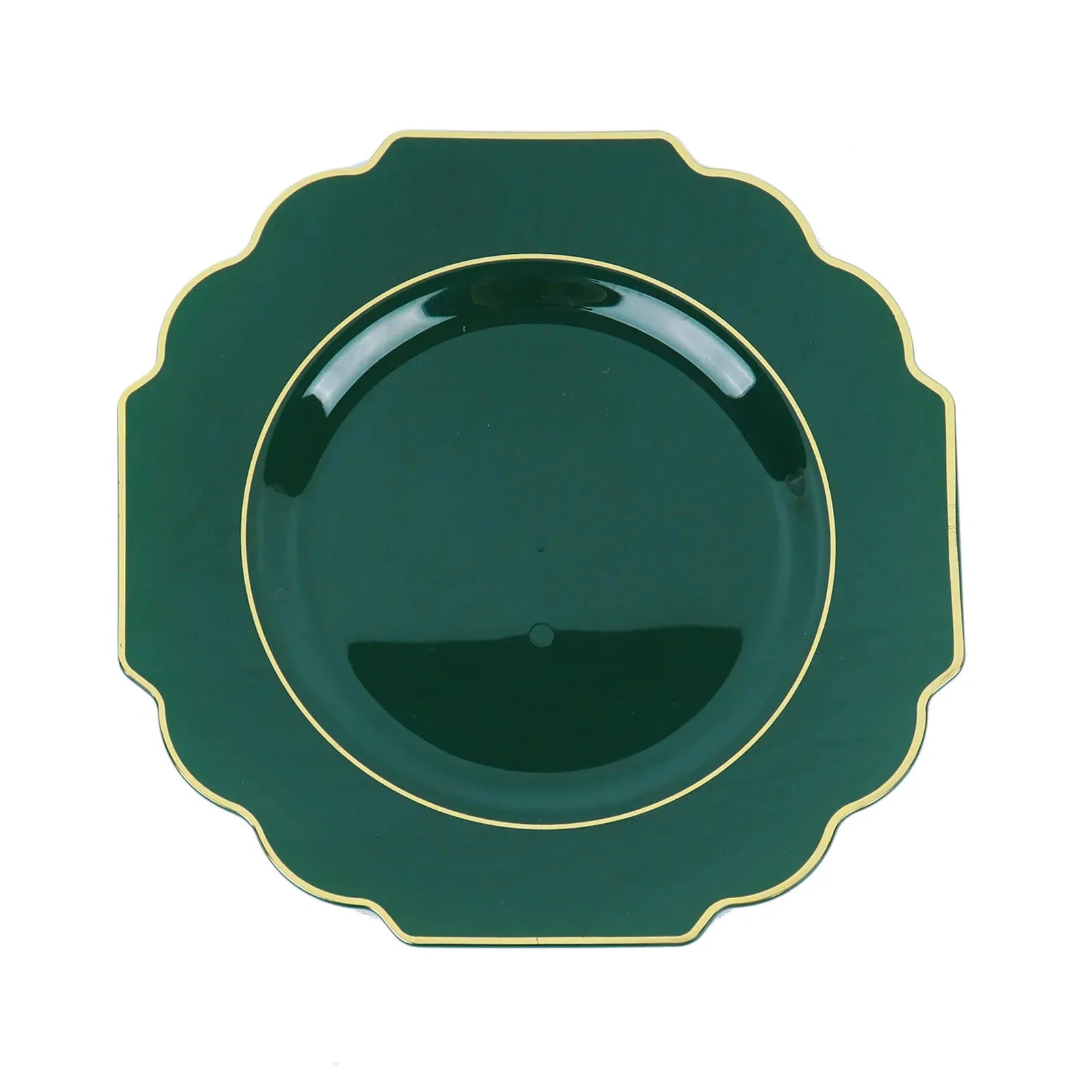 Emerald green dessert plate with gold rim, heavy-duty disposable tableware.