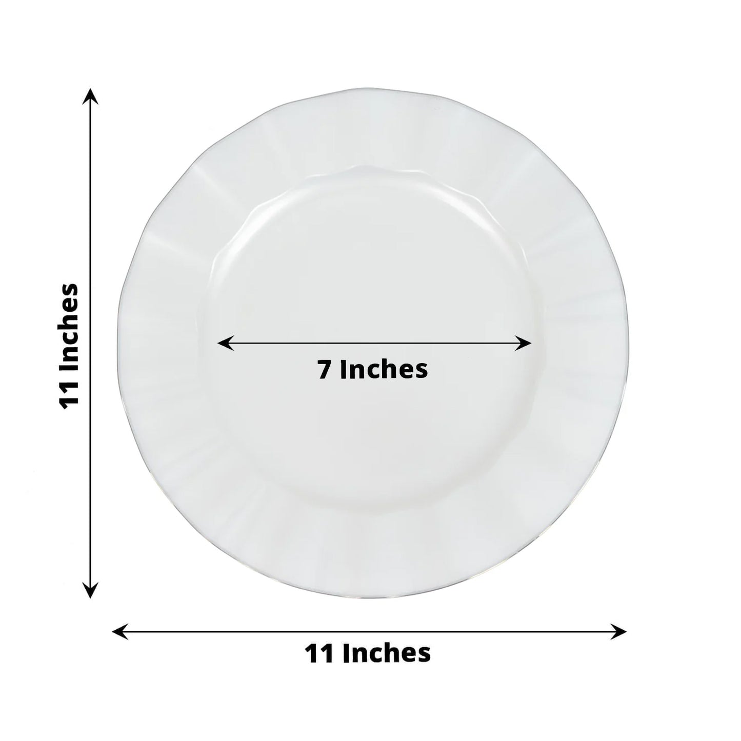 Pearl white round dinner plate with ruffled rim and gold edging.