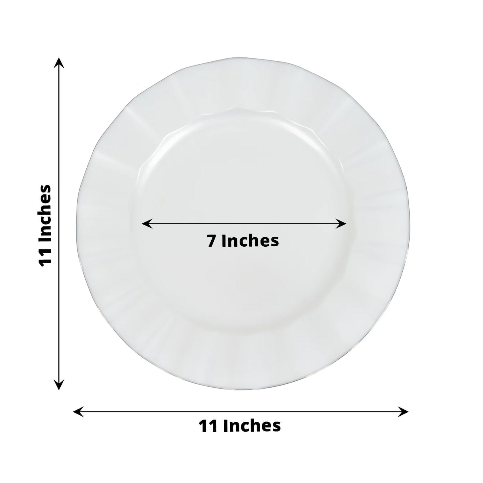 Pearl white round dinner plate with ruffled rim and gold edging.