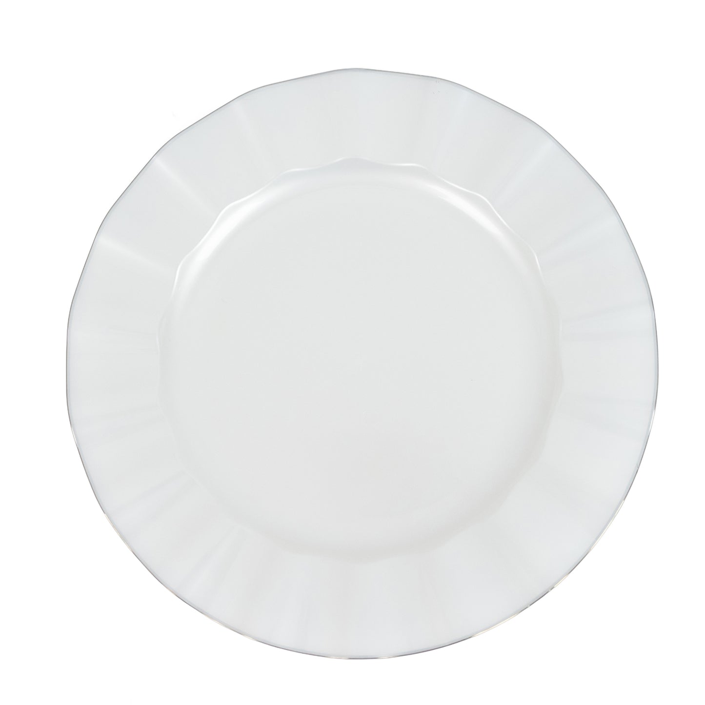 Pearl white round dinner plate with ruffled rim and gold edging.