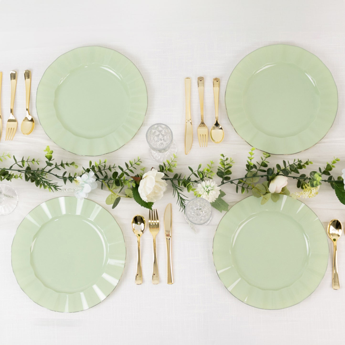 10 Pack 11" Sage Green Disposable Dinner Plates With Gold Ruffled Rim, Round Plastic Party Plates