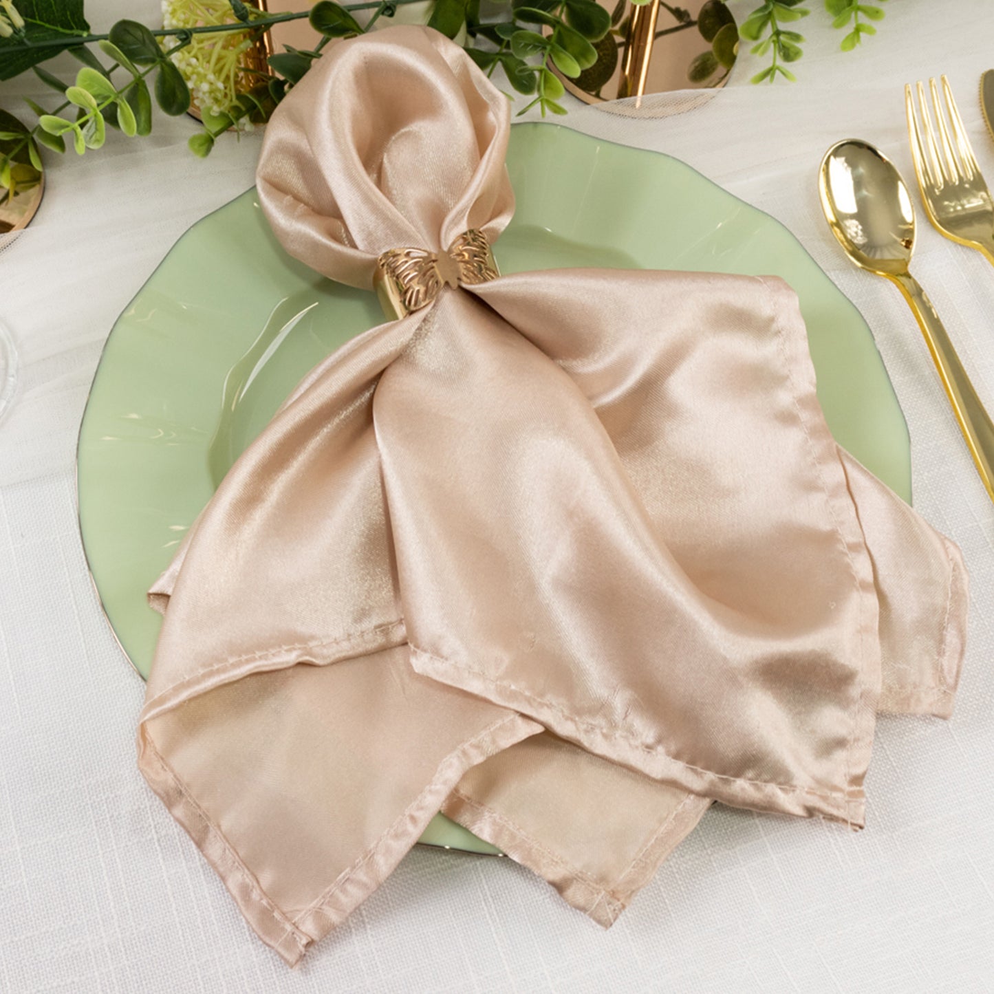 10 Pack 11" Sage Green Disposable Dinner Plates With Gold Ruffled Rim, Round Plastic Party Plates