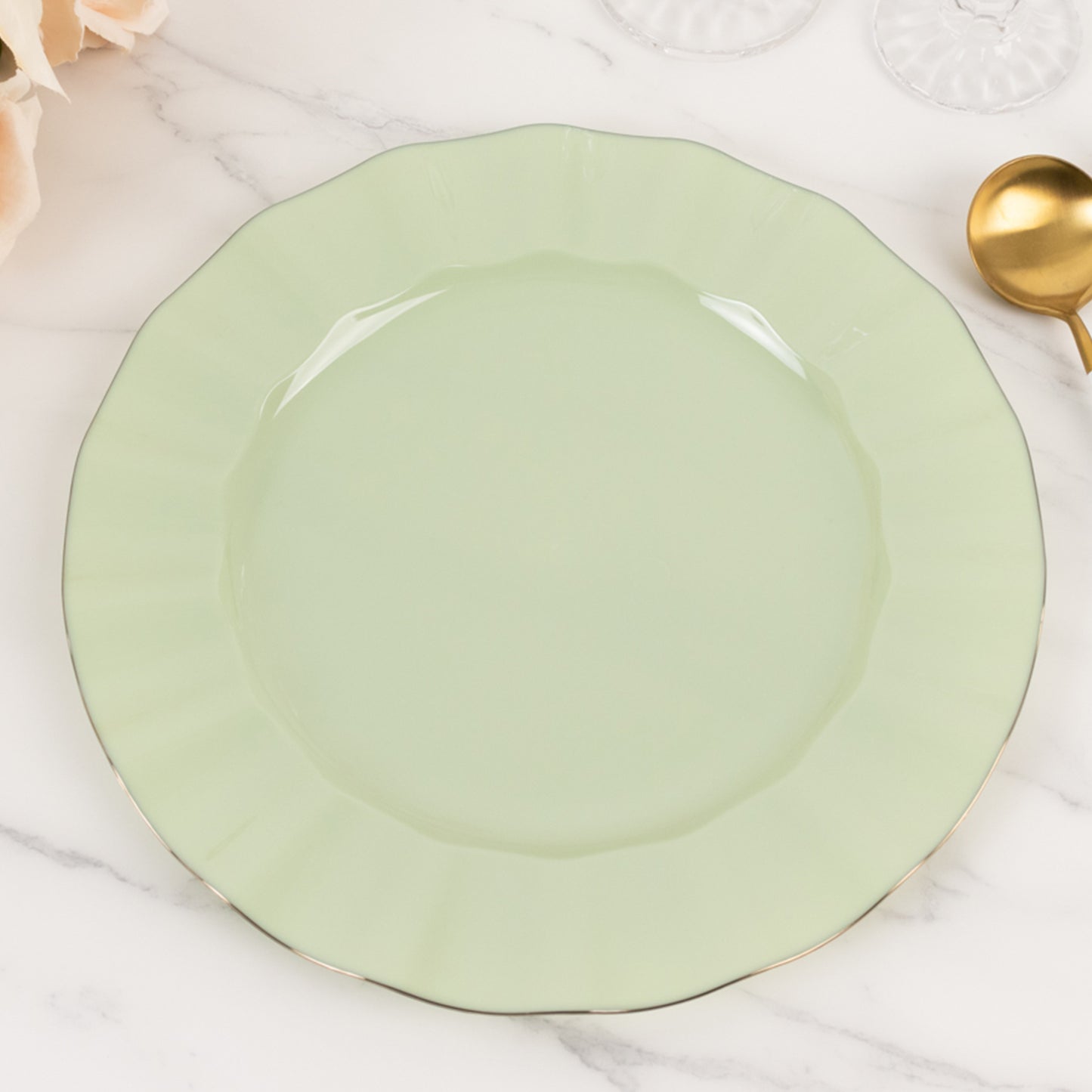 10 Pack 11" Sage Green Disposable Dinner Plates With Gold Ruffled Rim, Round Plastic Party Plates