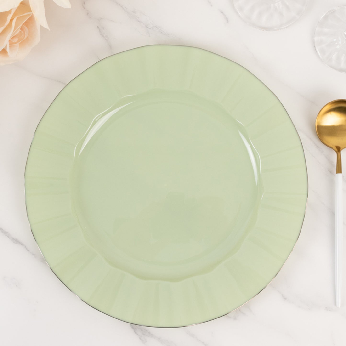 10 Pack 11" Sage Green Disposable Dinner Plates With Gold Ruffled Rim, Round Plastic Party Plates