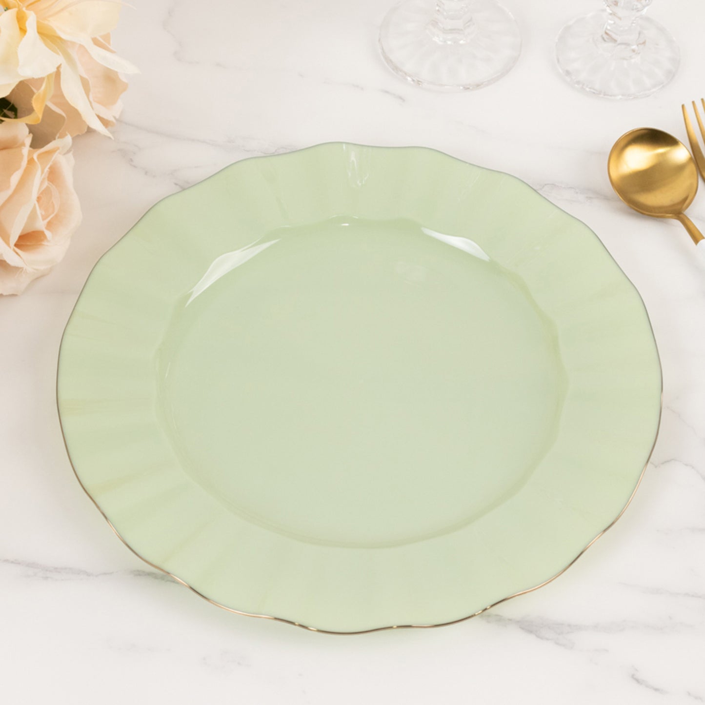 10 Pack 11" Sage Green Disposable Dinner Plates With Gold Ruffled Rim, Round Plastic Party Plates