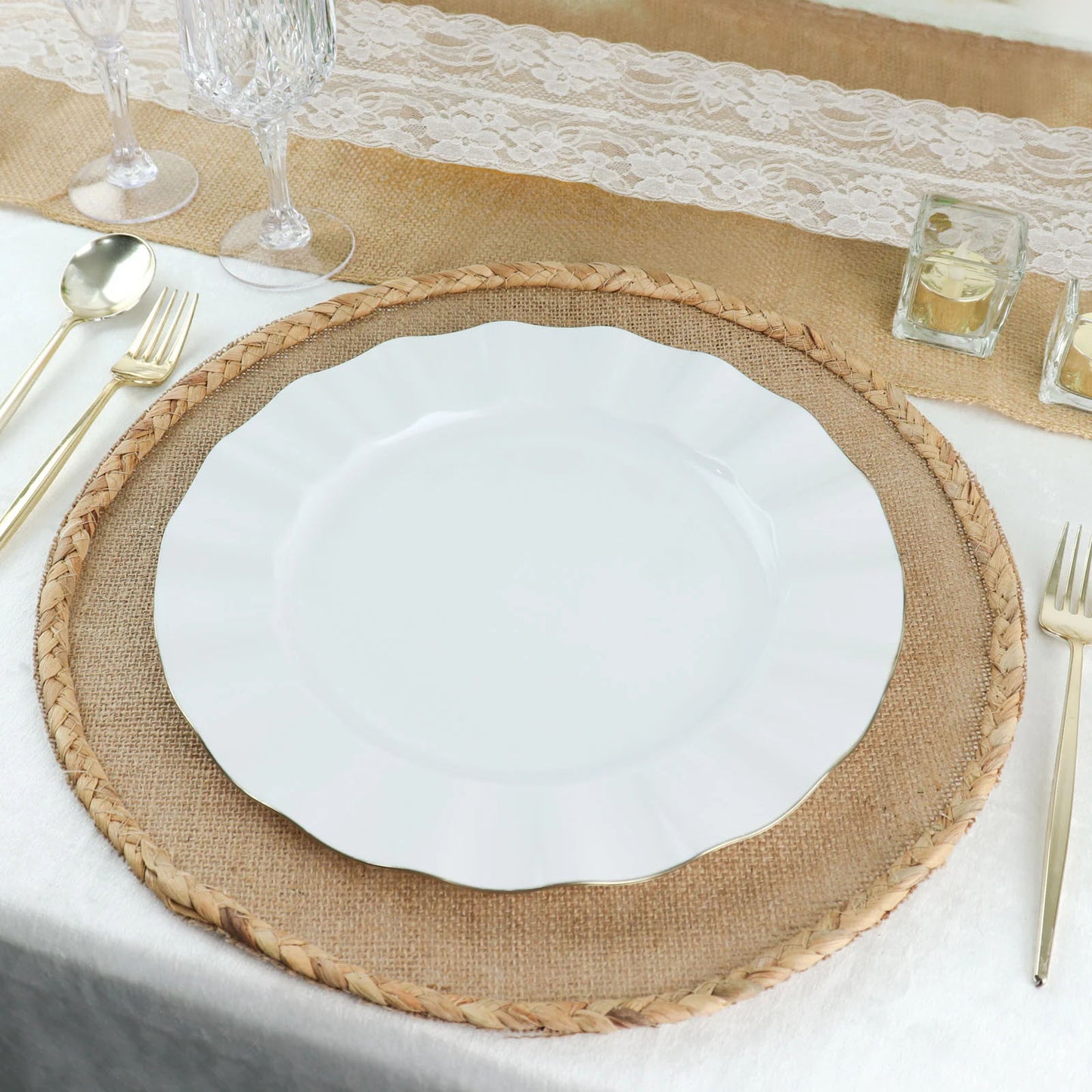 10 Pack | 11" White Disposable Dinner Plates With Gold Ruffled Rim, Round Plastic Party Plates