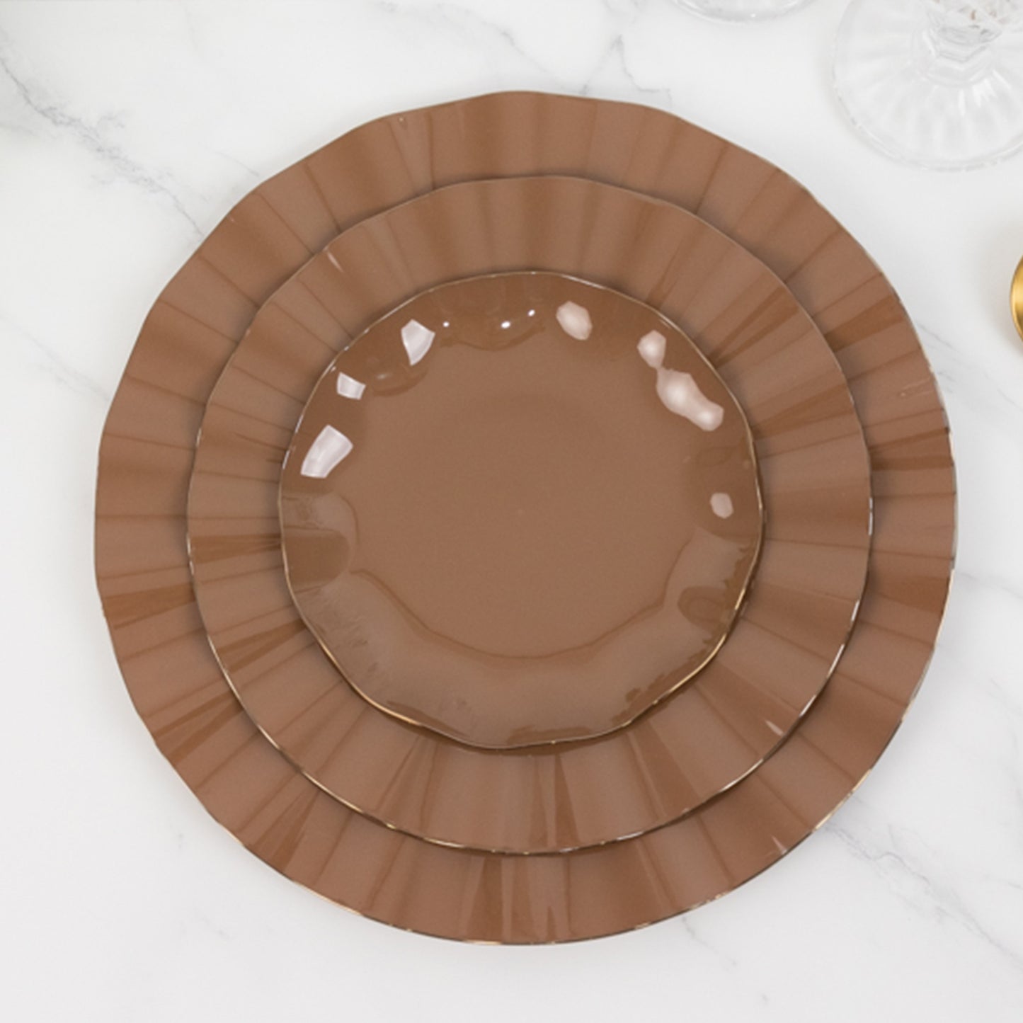 10 Pack 6" Heavy Duty Disposable Salad Plates with Gold Ruffled Rim, Coffee Brown Disposable Round Dinnerware