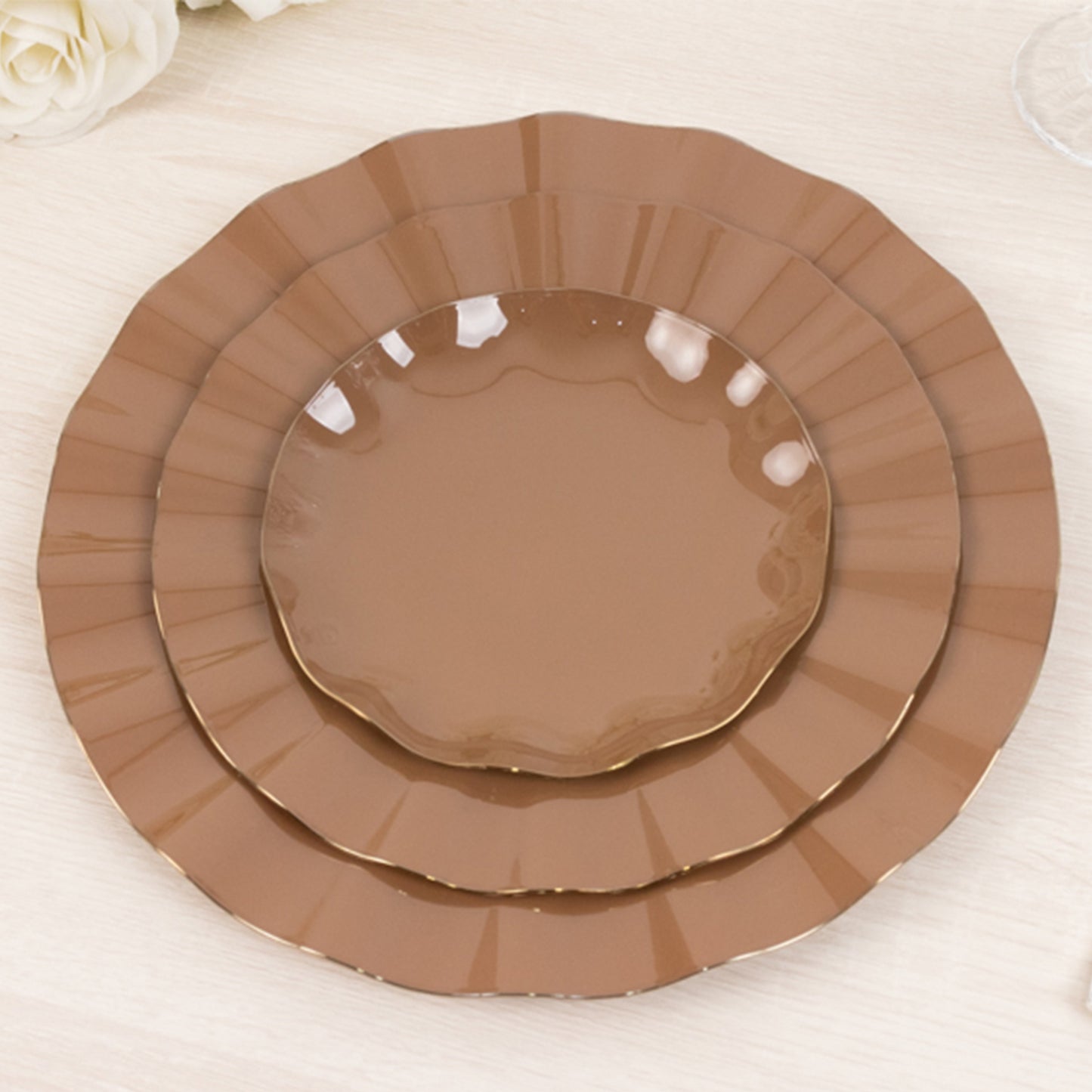 10 Pack 6" Heavy Duty Disposable Salad Plates with Gold Ruffled Rim, Coffee Brown Disposable Round Dinnerware