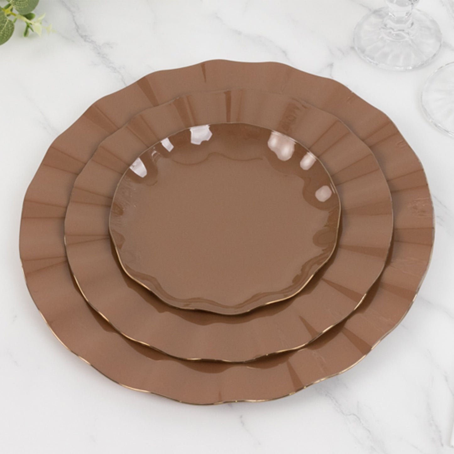 10 Pack 6" Heavy Duty Disposable Salad Plates with Gold Ruffled Rim, Coffee Brown Disposable Round Dinnerware