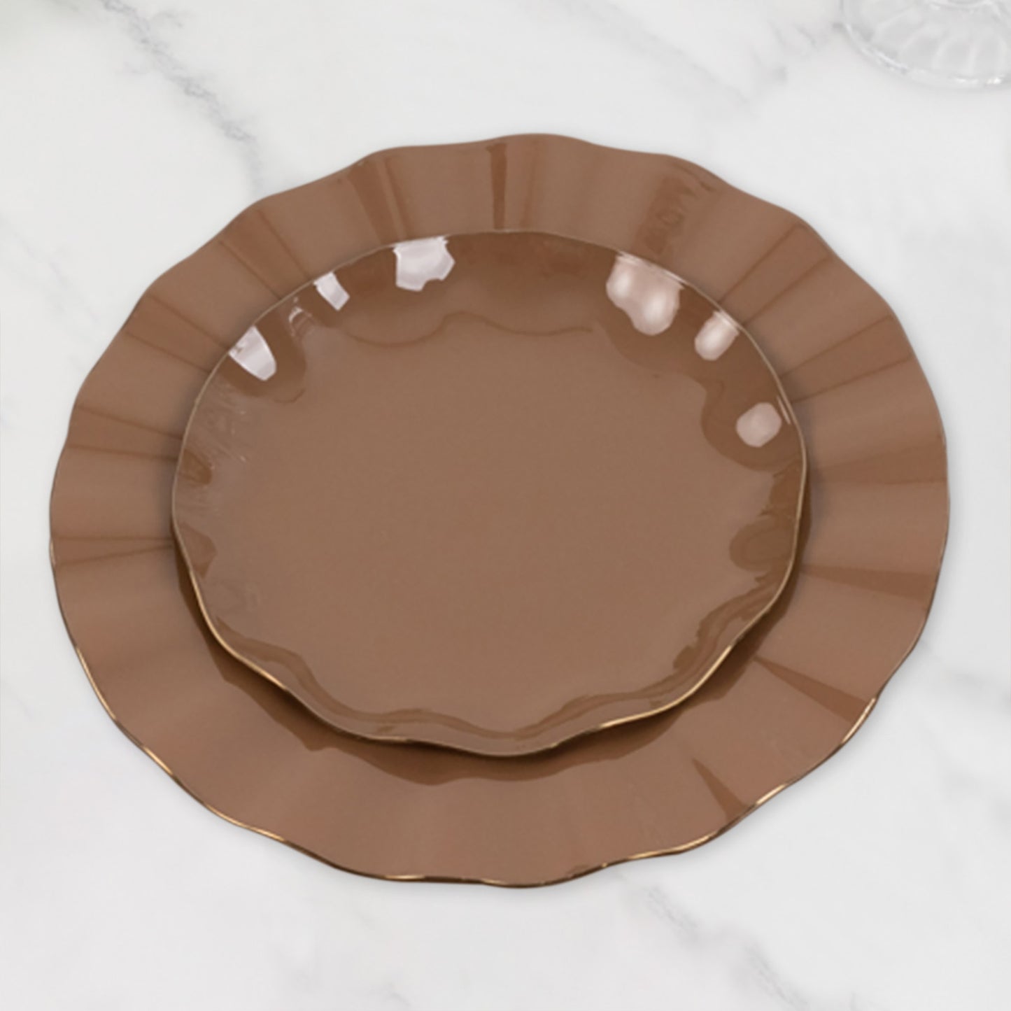 10 Pack 6" Heavy Duty Disposable Salad Plates with Gold Ruffled Rim, Coffee Brown Disposable Round Dinnerware